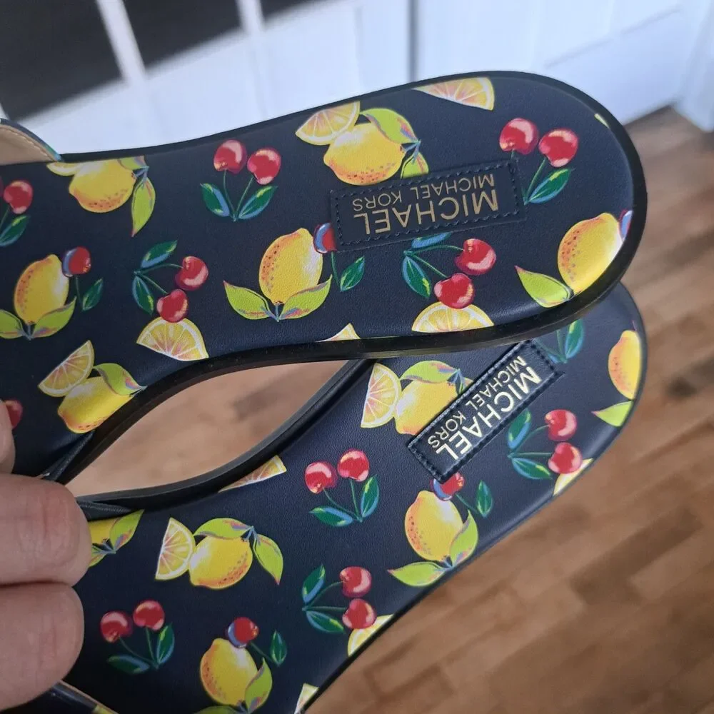 NEW Michael Kors Deanna Sequined Lemon Fruit Print Slide Sandals Black 9.5 Shoes